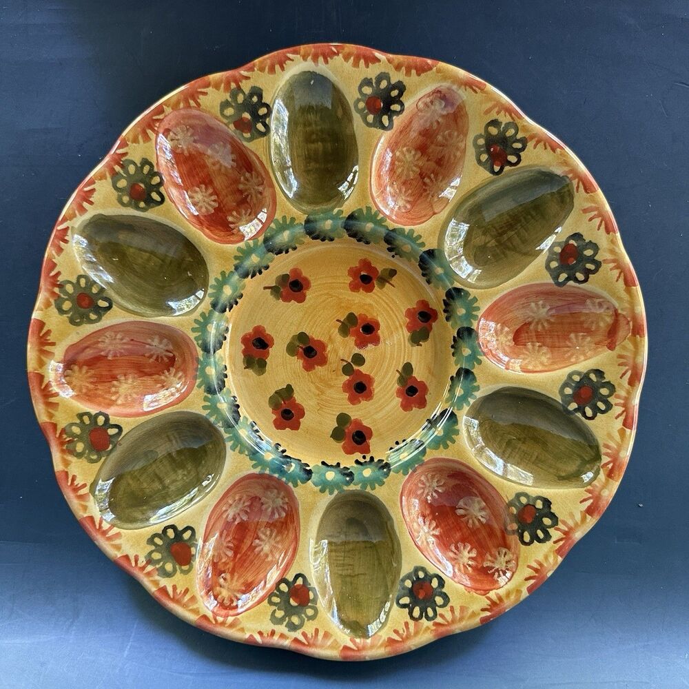 Vintage Italian Deviled Egg Plate Winterthur Hand Painted Pottery 12 Egg Platter